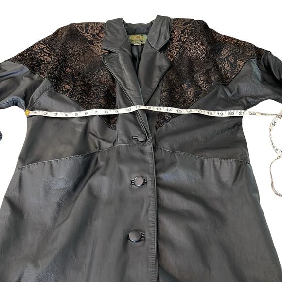 Vintage 80’s Avanti Black Leather Duster Trench Coat Copper Embossed Suede - Picture 13 of 16
